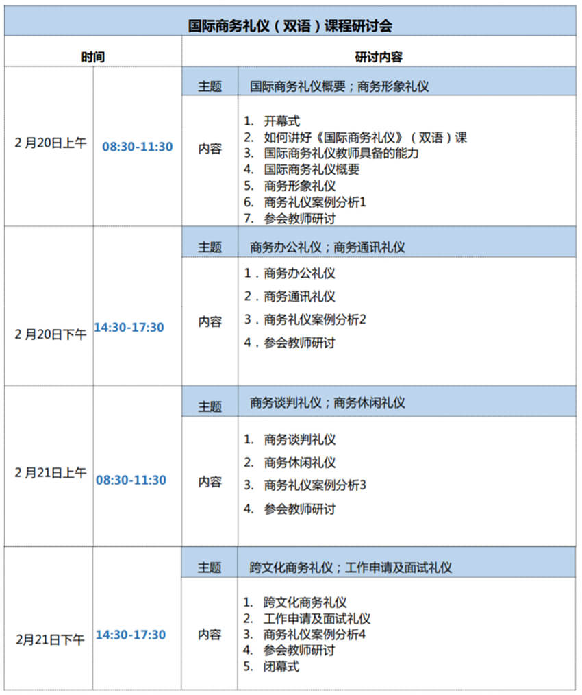 第四届全国高等院校国际商务礼仪双语课程研讨会日程安排